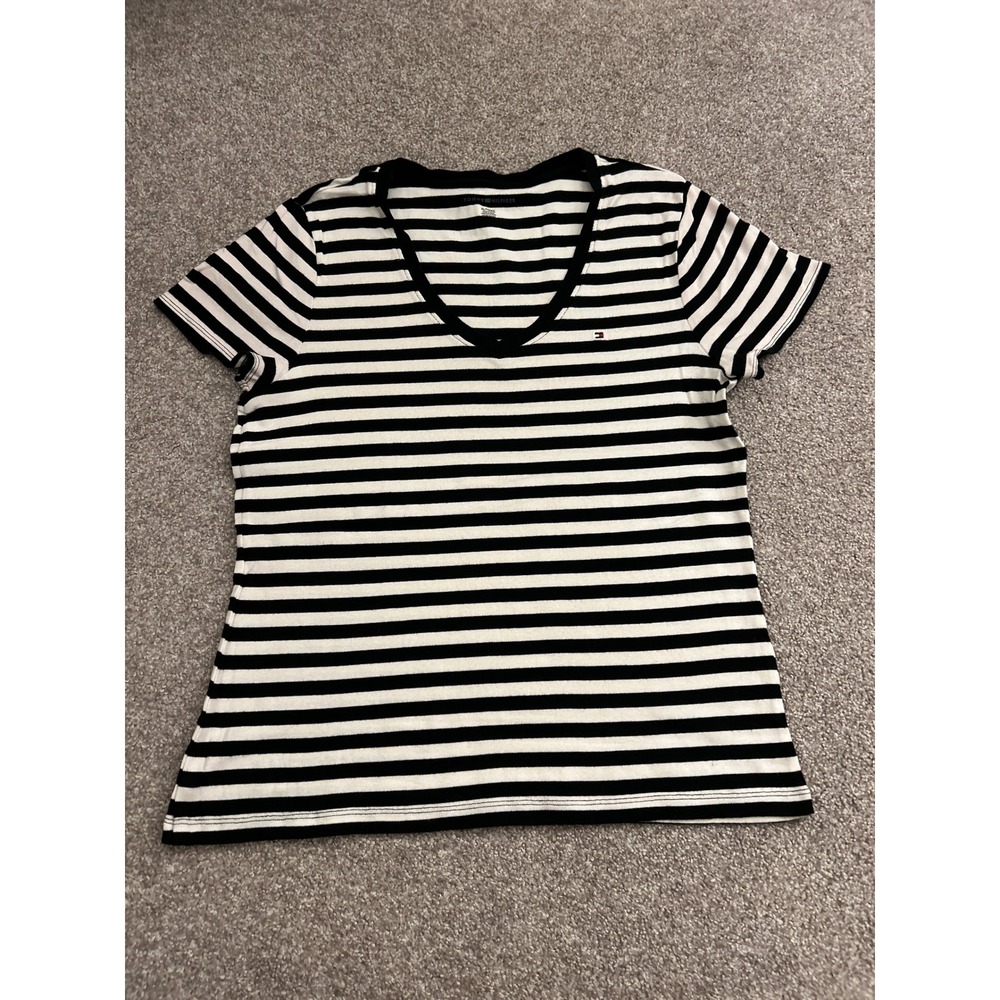 Tommy Hilfiger TShirt Women XL Black White Excellent Striped V-Neck Short Sleeve
